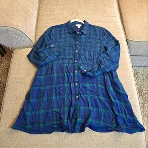J. Jill Blue Green Plaid Casual Button Up Shift Dress Size Small Petite